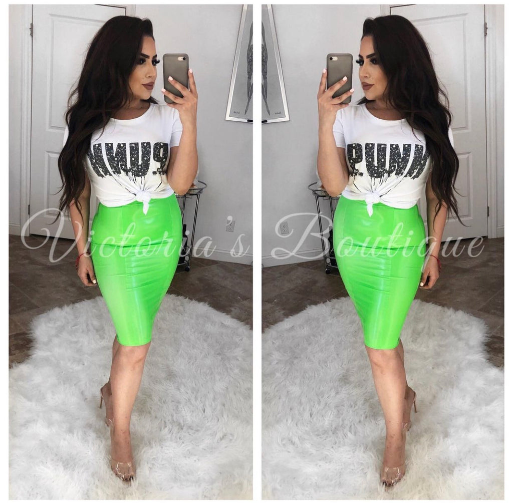 Neon Green Faux Leather Skirt